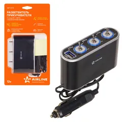 ASP-3S-15 AIRLINE Прикуриватель-разветвитель 3 гнезда 5А + USB 1A, с выключателями нагрузк