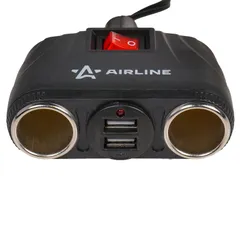 ASP-2U-11 AIRLINE Прикуриватель-разветвитель 2 гнезда + 2USB с витым шнуром, штекер-фиксатор