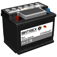 4610082700666 BATREX Аккумулятор STANDART 75 Ah, 650 A, 276 х 175 х 190 прям.